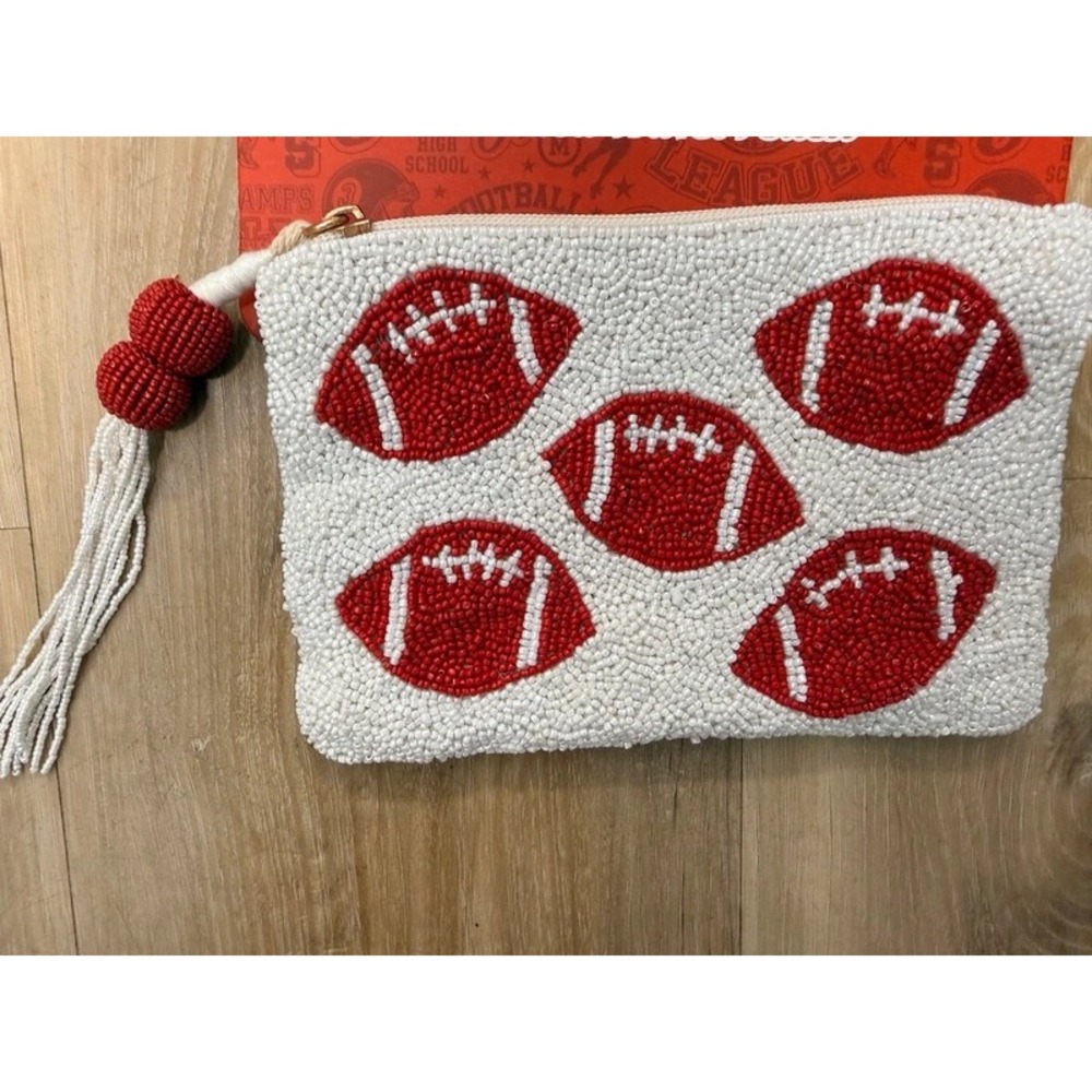 India Handmade Beaded Football Clutch Pouch With Tassel Red White NWT